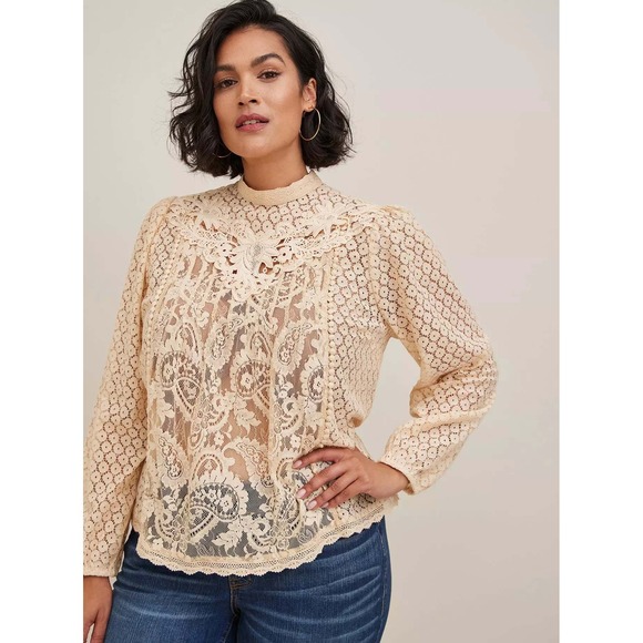 torrid Tops - Torrid Mixed Lace High Neck Long Sleeve Blouse Beige Cream 2 2X Victorian